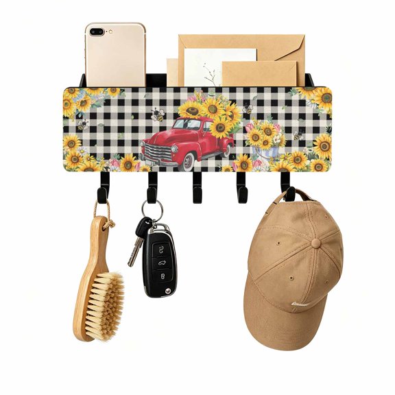 Key Holder for Wall Yellow Sunflower Truck Key and Mail Holder with Shelf 5 Hooks Storage Key Organizer Farmhouse Bee Buffalo Plaid Wood Wall Key Hanger for Entryway Hallway Kitchen Office Decor