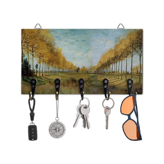 Key Holder for Wall Yellow Tree Lined Path Key Hooks Wood Wall Mounted Key Holder Blue Sky Oil Painting Key Rack Organizer with 5 Hooks for Entryway, Hallway Office Bathroom Kitchen Home Decor