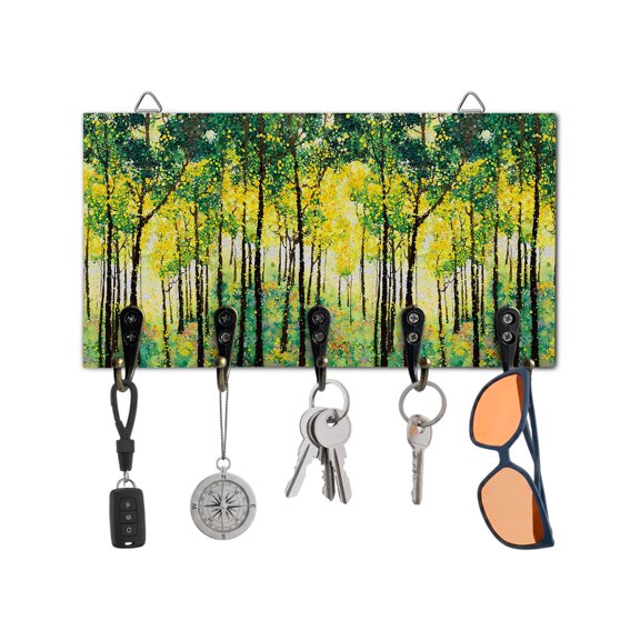 Key Holder for Wall Yellow Woodland Key Hooks Wood Wall Mounted Key Holder Tree Forest Painting Key Rack Organizer with 5 Hooks for Entryway, Hallway Office Bathroom Kitchen Home Decor