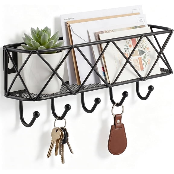 Key Holder for Wall Decorative, Entryway Key Hooks, Wall Mounted Key Rack with 5 Hooks, Metal Wire Mesh Basket Mail Holder, 9.8Lx2.1Wx4.1H