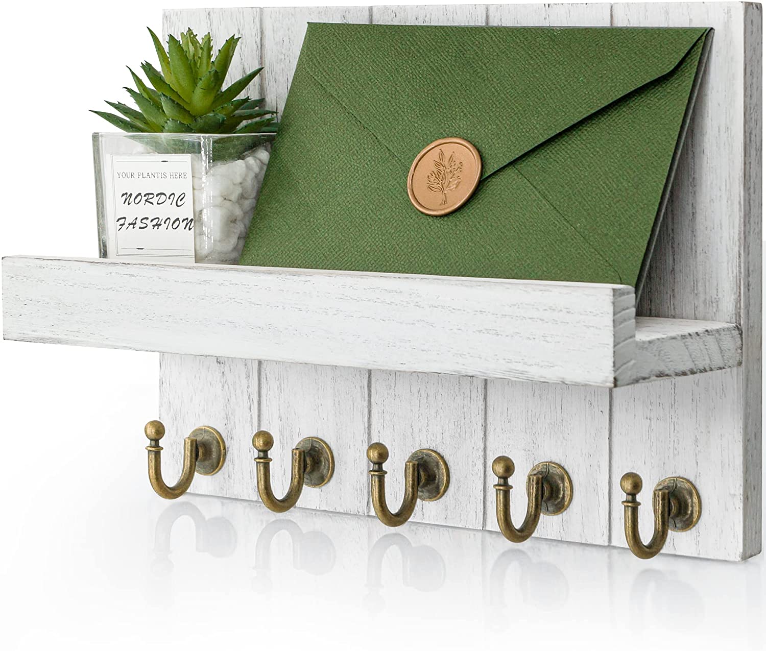 Key Holder for Wall Easy Installation Mail Organizer Wall Mount Farmhouse Hanging Key Wooden White