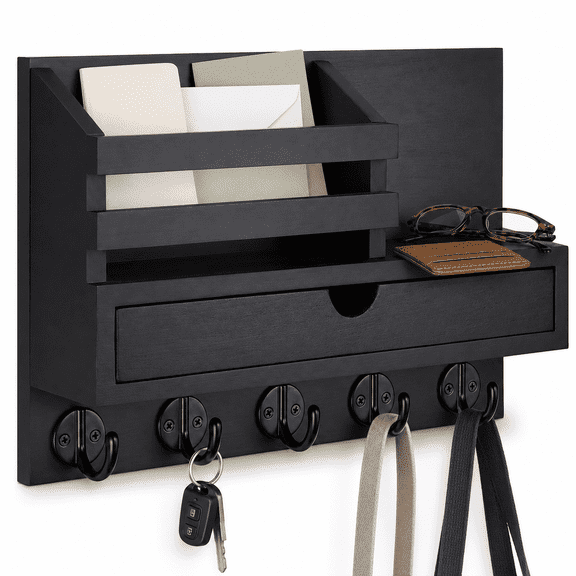 Key Holder for Wall, Mail Holder with Storage Drawer, Shelf and 5 Double Hooks, Wooden Entryway Key Rack for Keys and Dog Leashes, Black