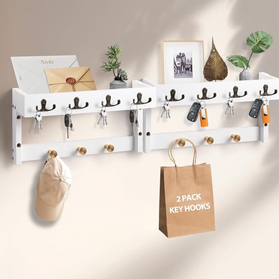 Key Holder for Wall, Mail Organizer Wall Mounted with Hooks Wall Mounted Key Racks, Wooden Mail Organizer with Hooks for Entryway White,(2 Pack)