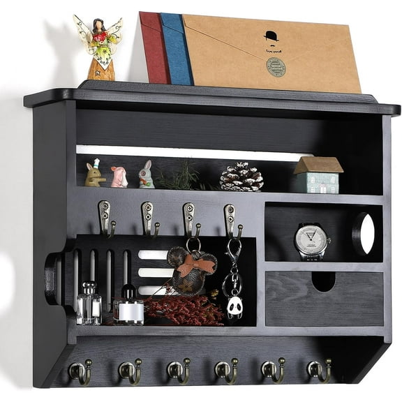Key Holder for Wall, Mail and Key Holder, Mail Organizer Wall Mount with Storage Drawer and 10 Hooks, Easy Installation Keys Holder on Wall, Black