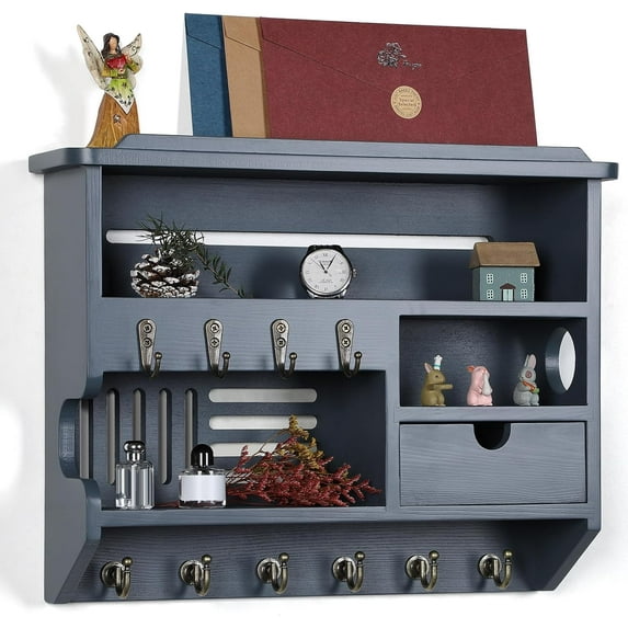 Key Holder for Wall, Mail and Key Holder, Mail Organizer Wall Mount with Storage Drawer and 10 Hooks, Easy Installation Keys Holder on Wall, Gray