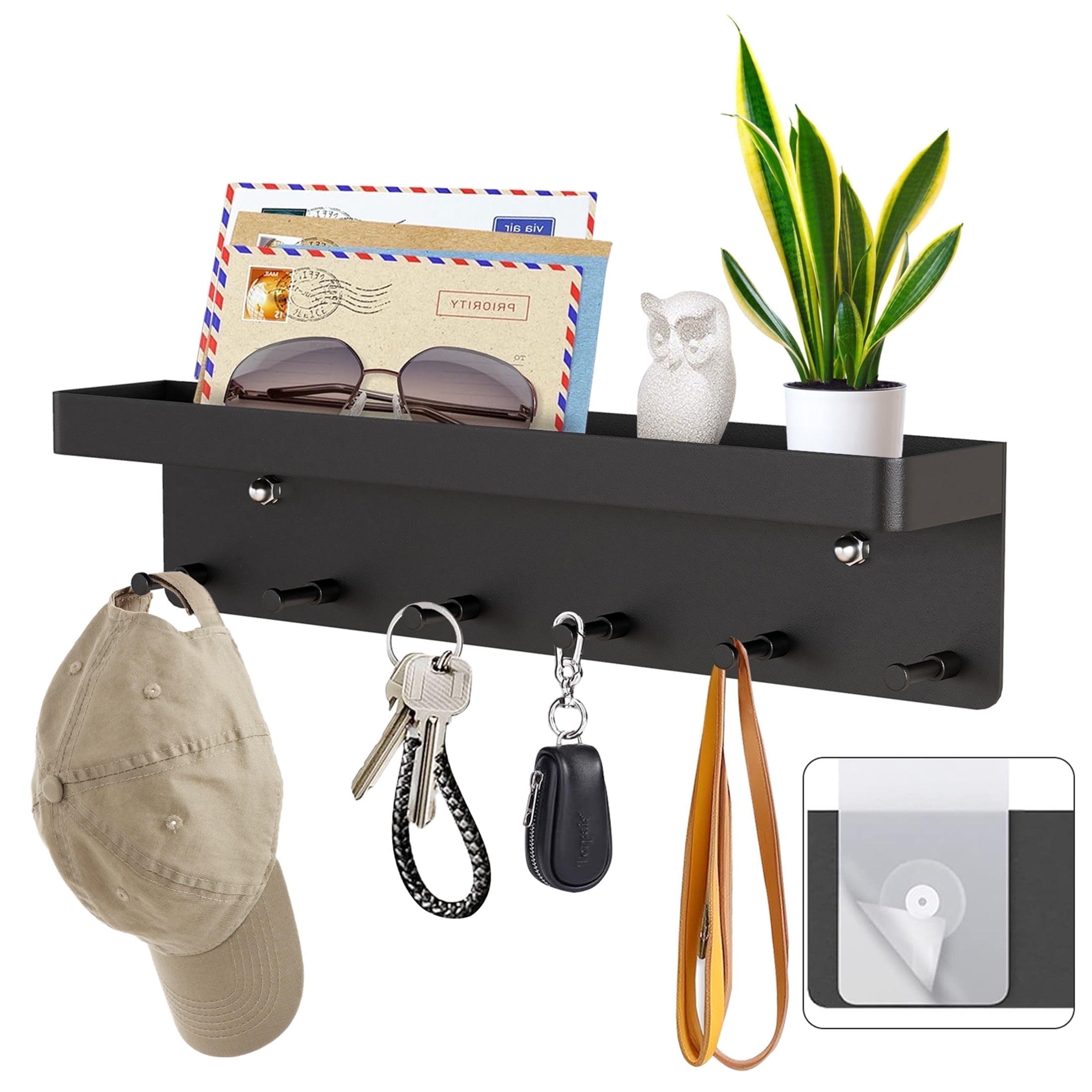 Key Holder for Wall, Self Adhesive Key Rack Wall Mount with Mail Organizer for Entryway Doorway Hallway, Wall Decor, Black