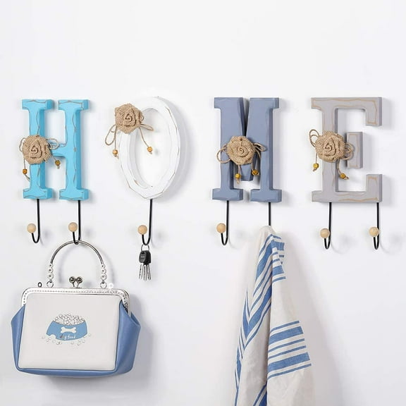 Key Holder for Wall, Wooden H-O-M-E Decorative Set with 7 Pegs