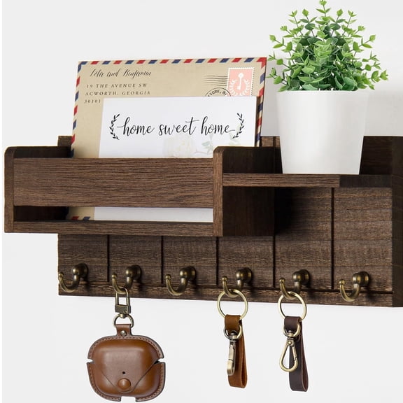 Key Holder for Wall,Wooden Mail Organizer Wall Mounted with Slots And Shelf,Entryway Storage Organizer with 6 Key Hooks-Brown