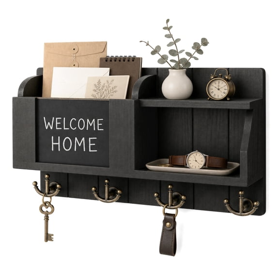 Key Holder for Wall with Chalkboard, Rebee Vision Farmhouse Key Rack Mail Organizer with 4 Anchor Key Hooks, Black