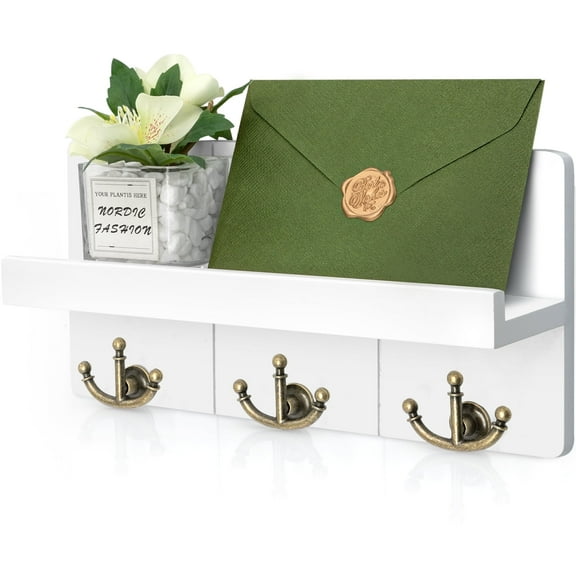 Rebee Vision Key Holder for Wall with Shelf - Farmhouse Key Holder Hanging Organizer with 3 Anchor Hooks (White, 11-inch)