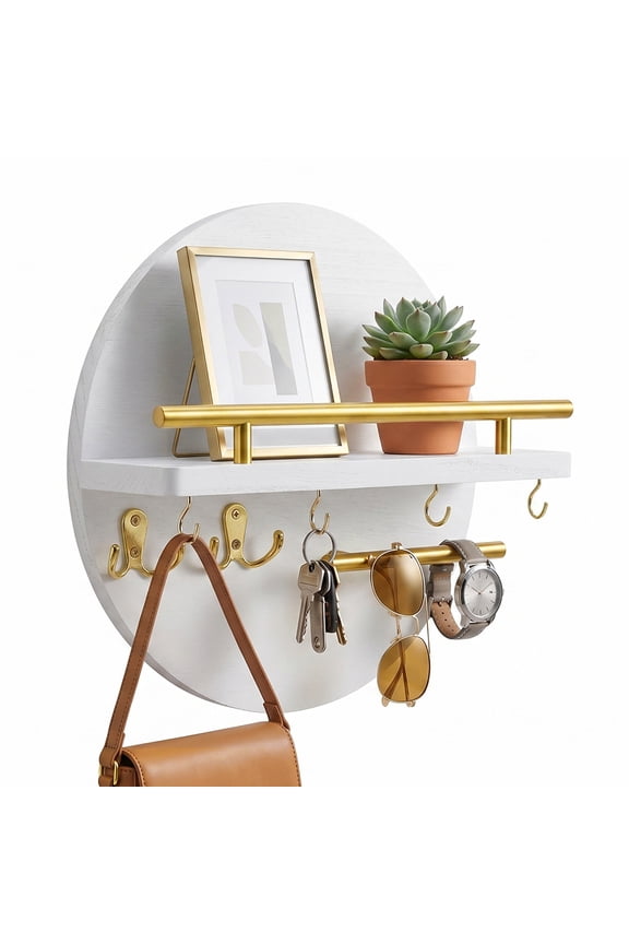 Key Holder for Wall with Shelf and 6 Hooks, Round Wooden Key and Mail Organizer, Rustic Entryway Key Rack for Hallway Kitchen Office, Boho Home Decor