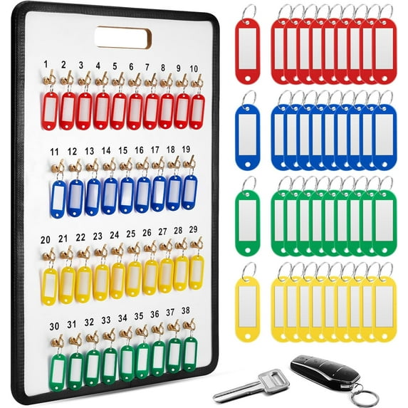 Key Hook Board Rack with 40 Pcs Plastic Tags Set 23.4 x 15.5 Inch Key Holder Wall Mount with 38 Hooks Self Closing Tabs Colored Labels for Car Hotels Office House Storage Organization