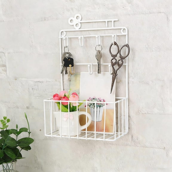 Key Hook Storage Wall-Mounted Rack for Entryway and Home Organization, Iron Build with 7 Hooks and Wire Basket, Space-Saving Design, 11.22" x 7.09" x 3.35"