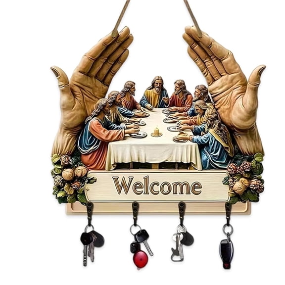 Key Hooks Holder for Wall Decorative - Jesus and Disciples Wall Art, Small Entryway Welcome Home Sign Key Hanging Hangers Wall Mounted Racks 4 Hook for Front Door Kitchen Office Home Decor