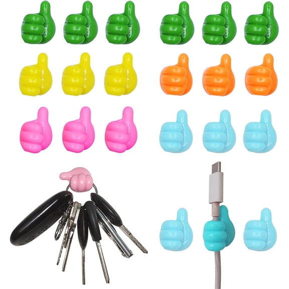 Key Hooks for Wall, 24Pack Adhesive Cable Clips, Desk Cable Management Clips Desk Cable Organizer Thumbs up Wall Hooks for Hanging Computer Cable Management Kit Multicolour Mixed