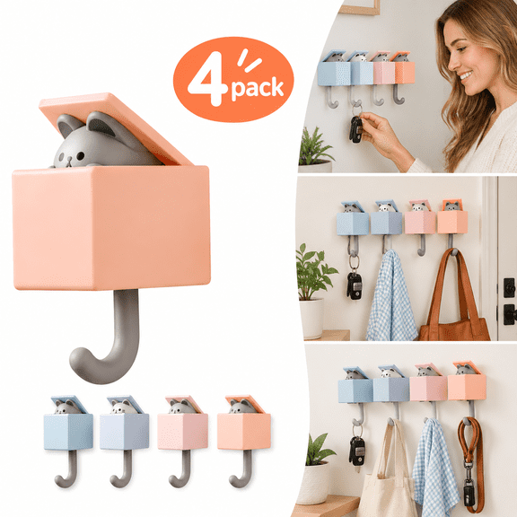 4 Pack Cute Animal Wall Hooks, Self-Adhesive Cat & Mouse Key Hooks for Wall, No Drill Hooks for Keys, Towels, Scarves & Hats, Bathroom & Bedroom Decor