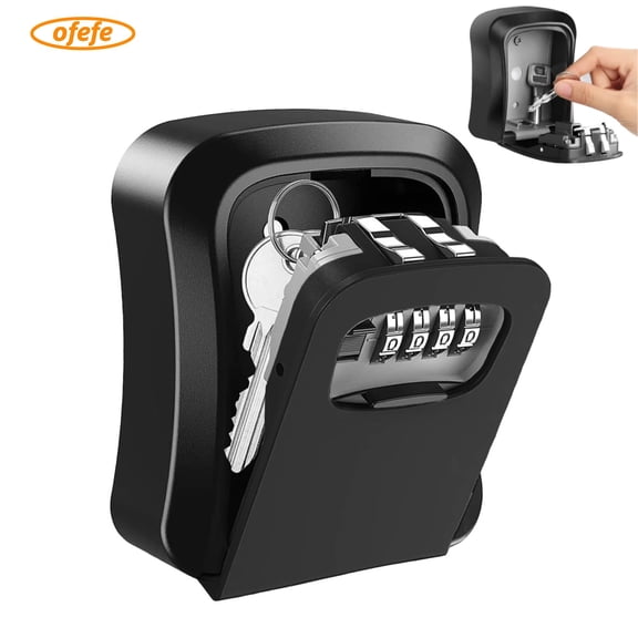 OFEFE Key Lock Box with Code,Resettable 4 Digit Combination Spare Key Safe LockBox, Weatherproof Key Storage Security Lock Box Hide 5 Keys, Wall Mounted Lock Box for Home, Office, Garage Black