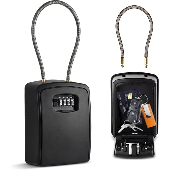 Key Lock Box Portable with Cable Shackle & Wall Mount Waterproof Heavy Duty Metal Lock Box for Keys with 4-Digit Combination Code on Door Knob, Fence, Pipe or Gate (Black, XXL)
