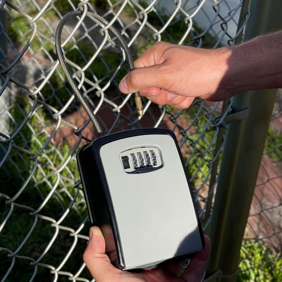 Key Lock Box Portable with Cable Shackle & Wall Mount  Waterproof Heavy Duty Metal Lock Box for Keys with 4-Digit Combination Code on Door Knob, Fence, Pipe or Gate (Grey, XXL)