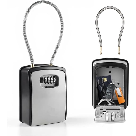 Key Lock Box Portable with Cable Shackle & Wall Mount Waterproof Heavy Duty Metal Lock Box for Keys with 4-Digit Combination Code on Door Knob, Fence, Pipe or Gate (Grey, XXL)