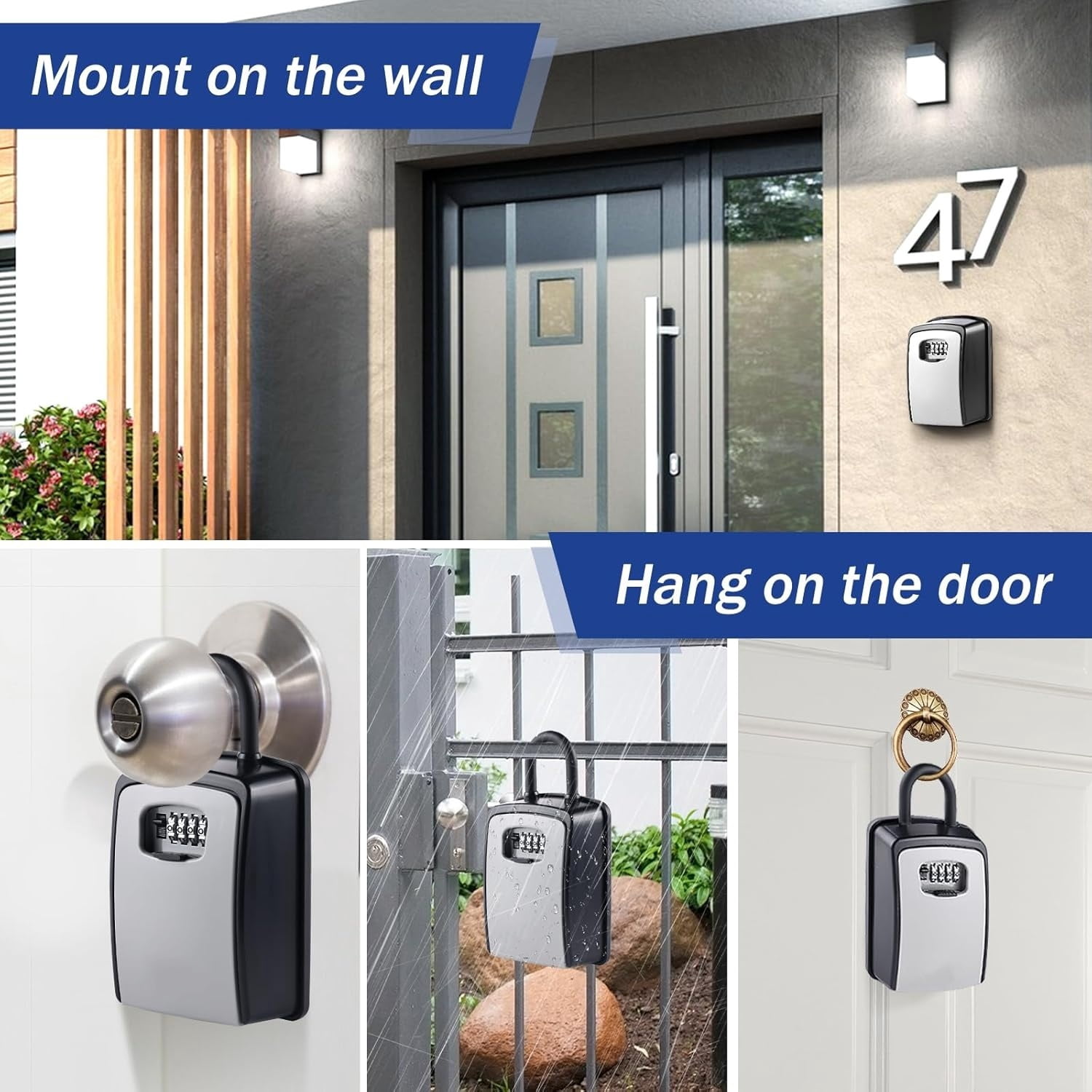 Key Lock Box Portable with U-Shackle – XXL Waterproof Heavy-Duty Metal Safe with 4-Digit Combination for Spare Keys Outside on Door Knob, Fence or Gate (Grey, XXL)