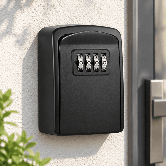Key Lock Box Wall Mount Water-Resistant Metal Key Safe with 4-Digit Combination & Resettable Code for Home, Office & Rental (Black, Small)