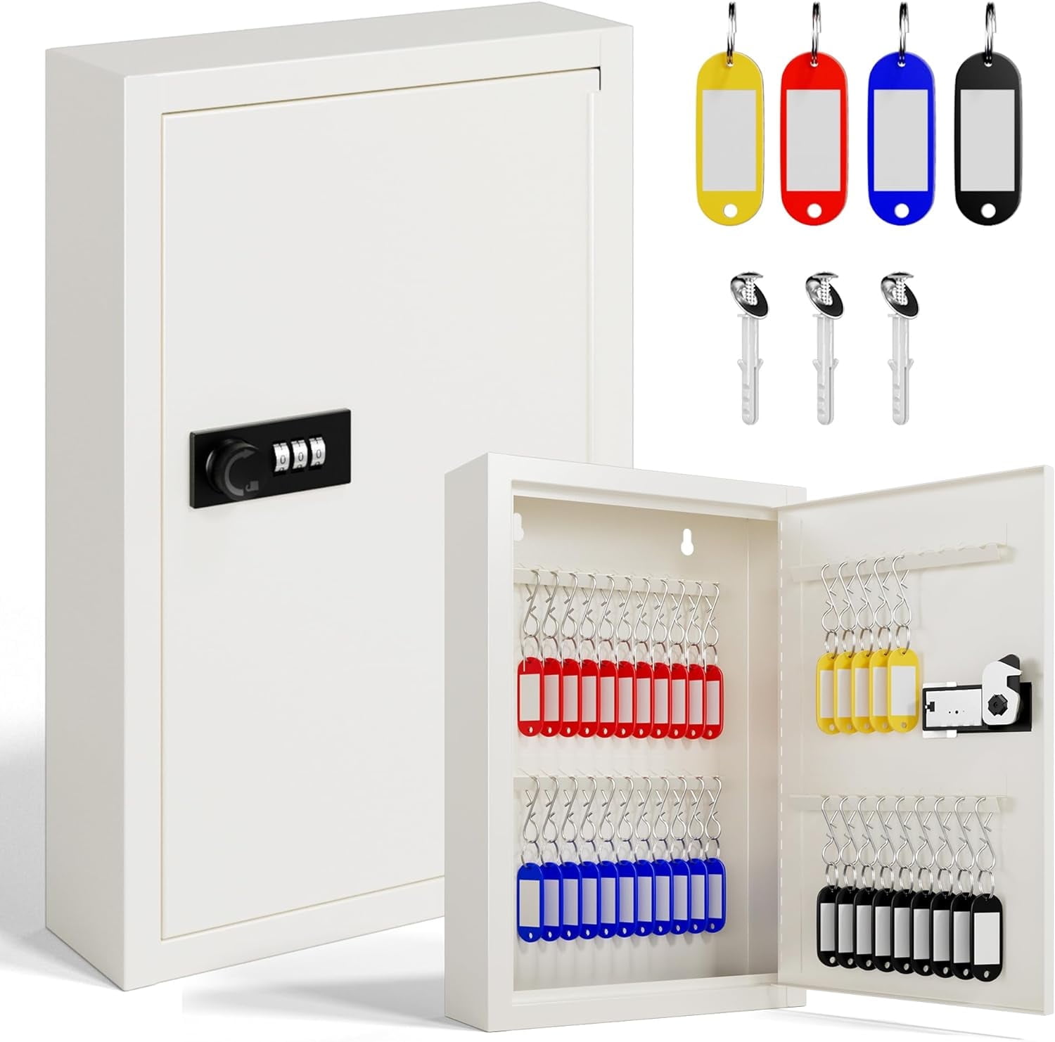 Key Lock Box with Code, Key Box Wall Mount with 40 Key Tags & Hooks for Home, Office, Resttable Combination Lock (Beige, 40 Keys)