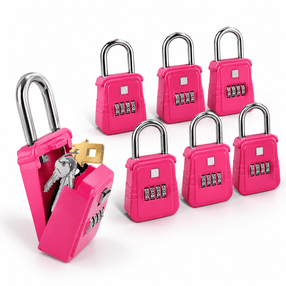 Key Lock Box with Resettable Code, Holds 5 Keys, Heavy-Duty Outdoor Lockbox, 6 Pack Pink