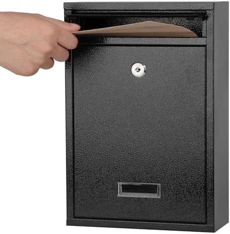 Key Lock Mailboxes for Outside, Locking Wall Mount Mailbox, Security Key Drop Box for Letters, Cash, Cards, Steel Mail Box for House Office School, 12.4H x 8.54L x 3.35W Inches, Black
