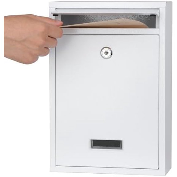 Key Lock Mailboxes for Outside, Locking Wall Mount Mailbox, Security Key Drop Box for Letters, Cash, Cards, Steel Mail Box for House Office School, 12.4H x 8.54L x 3.35W Inches, White