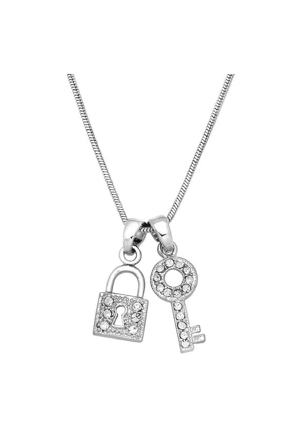 Key & Lock Pendant Necklace Rhinestone Crystal Rhodium Plated 17 Inch Snake Chain J0352-CR