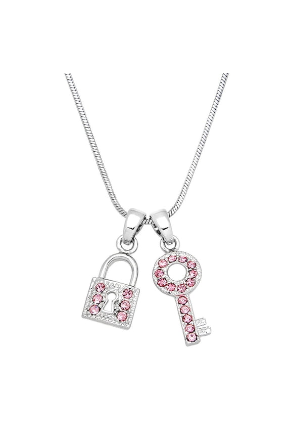 Key & Lock Pendant Necklace Rhinestone Crystal Rhodium Plated 17 Inch Snake Chain J0352-PK