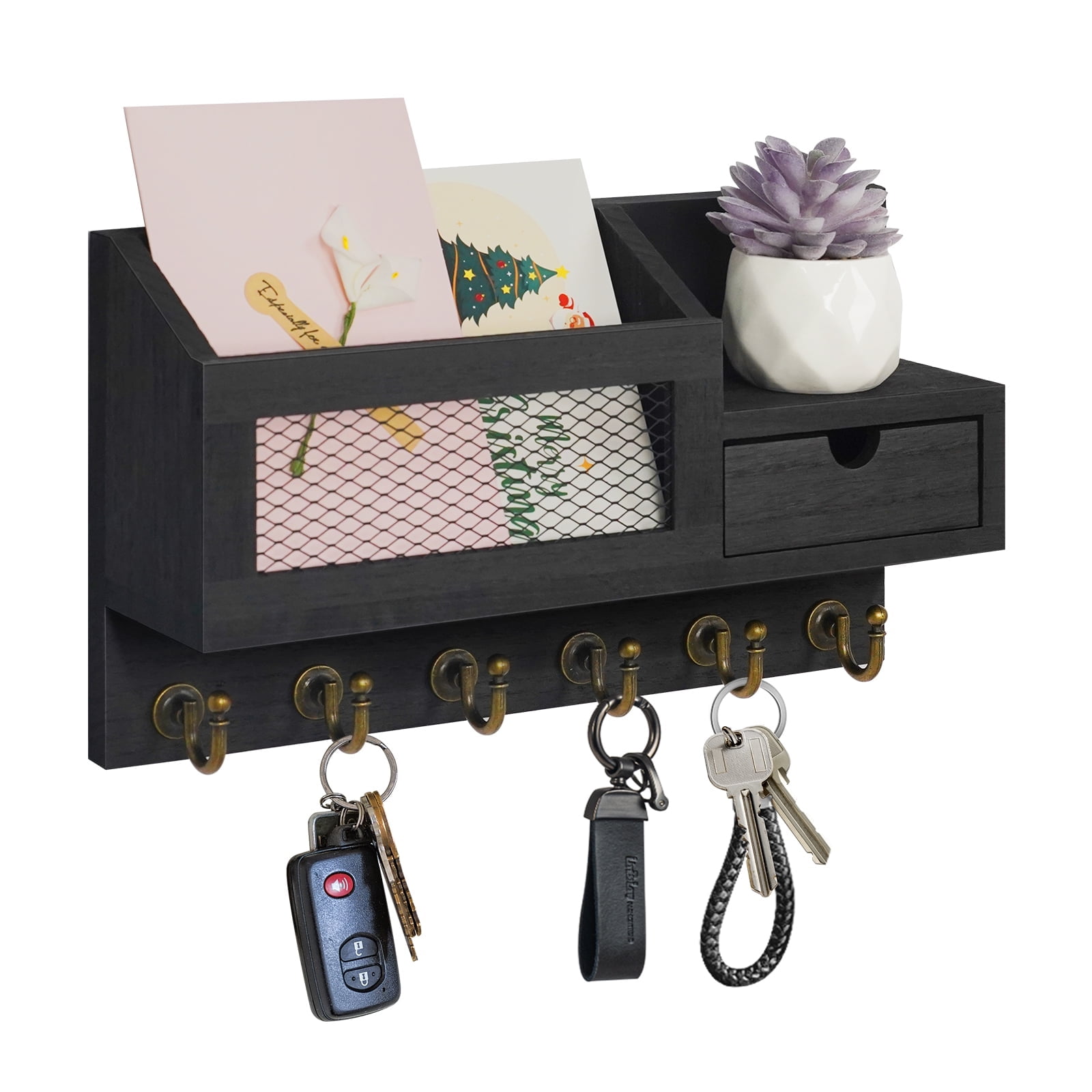 Black Wood Wall Mounted Key and Mail Holder with Drawer and Hooks