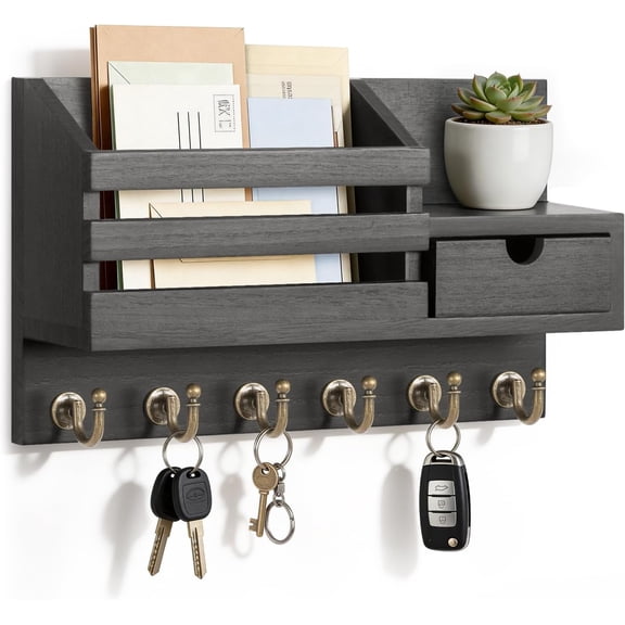 Key and Mail Holder for Wall, Mail Organizer Wall Mount with 6 Hooks and Storage Drawer, Easy Installation Key Rack for Entryway and Home Decor (A-Black)