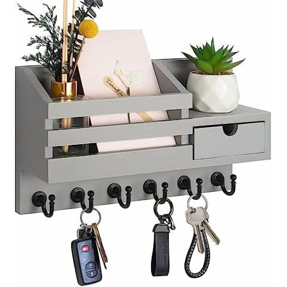 Key and Mail Holder for Wall, Mail Organizer Wall Mount with 6 Hooks and Storage Drawer, Easy Installation Key Rack for Entryway and Home Decor (A-Grey)