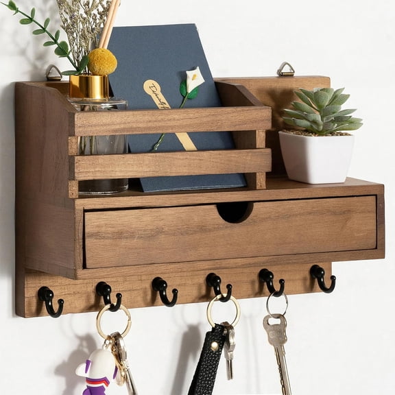 Key and Mail Holder for Wall, Mail Organizer Wall Mount with 6 Hooks and Storage Drawer, Wooden Key Rack Hanger with Shelf for Entryway and Home Decor