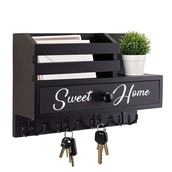 Key And Mail Holder Wall Mount with 8 Hooks & Storage Drawer - Wooden Adhesive Organizer for Entryway, Kitchen, Hallway, Garage, Mudroom, Office - Easy Installation Home Decor