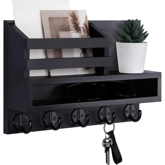 Key and Mail Holder Wall Mount, Key Hanger with Long Storage Box and 5 Hooks for Coat, Dog Leash, Home Decor Rack, House Accessories, Entry Way Organizer 11.8W x 7.8H x 3.2D