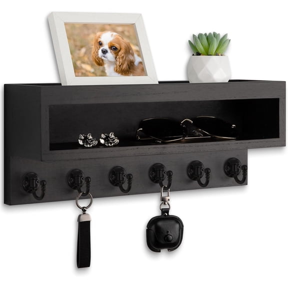 Key and Mail Holder Wall Mount, Key Hanger with Long Storage Box and 6 Hooks for Coat, Dog Leash, Home Decor Rack, House Accessories, Entry Way Organizer (Black)