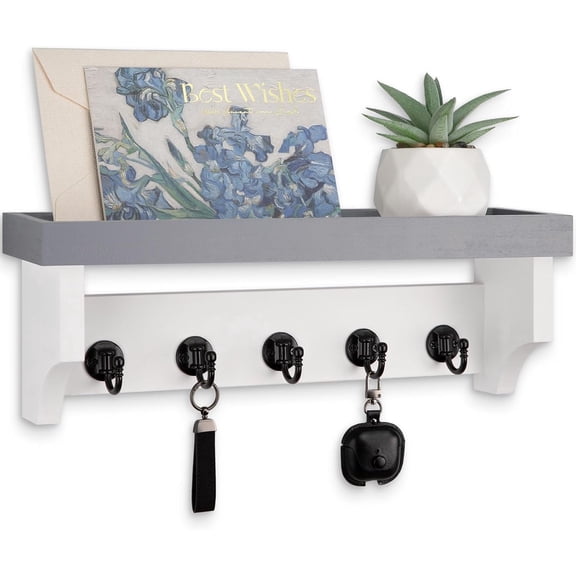 Key and Mail Holder Wall Mount with Shelf, Entryway Organizer with 5 Hooks for Keys, Mail, Coats and Dog Leashes, Home Decor Storage Rack, Gray & White