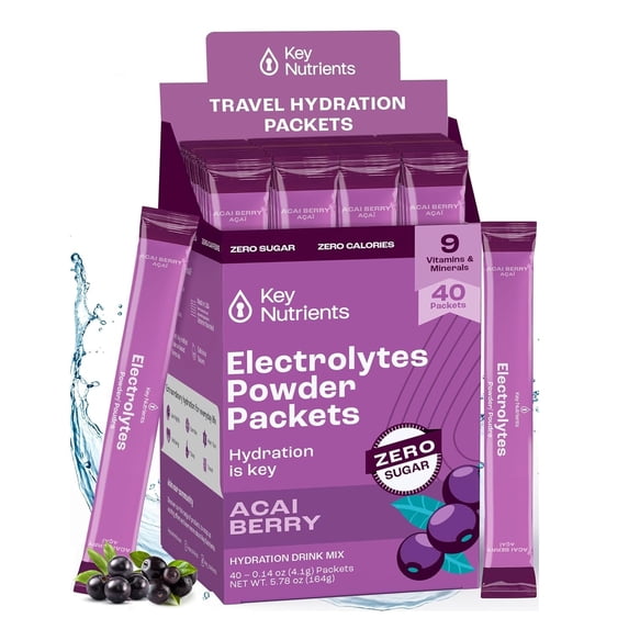 Key NUTRIENTS Multivitamin Electrolytes Powder Packets - Delicious Acai Berry 40 Pack Hydration Packets - Travel Hydration Powder - No Sugar, No Calories, Gluten Free - Made in USA