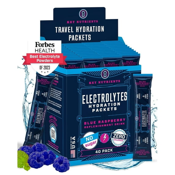 Key Nutrients Electrolytes Powder - Blue Raspberry Electrolyte Drink Mix - Hydration Powder - No Sugar, No Calories, Gluten Free - 40 Packets