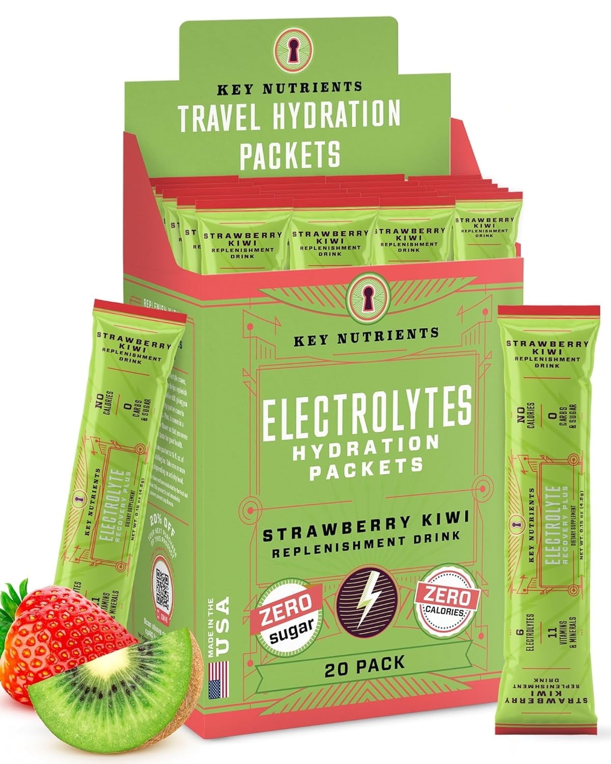 Key Nutrients - Electrolytes Powder - Electrolyte Drink Mix - Hydration Powder - Strawberry Kiwi, 20 Travel Packets