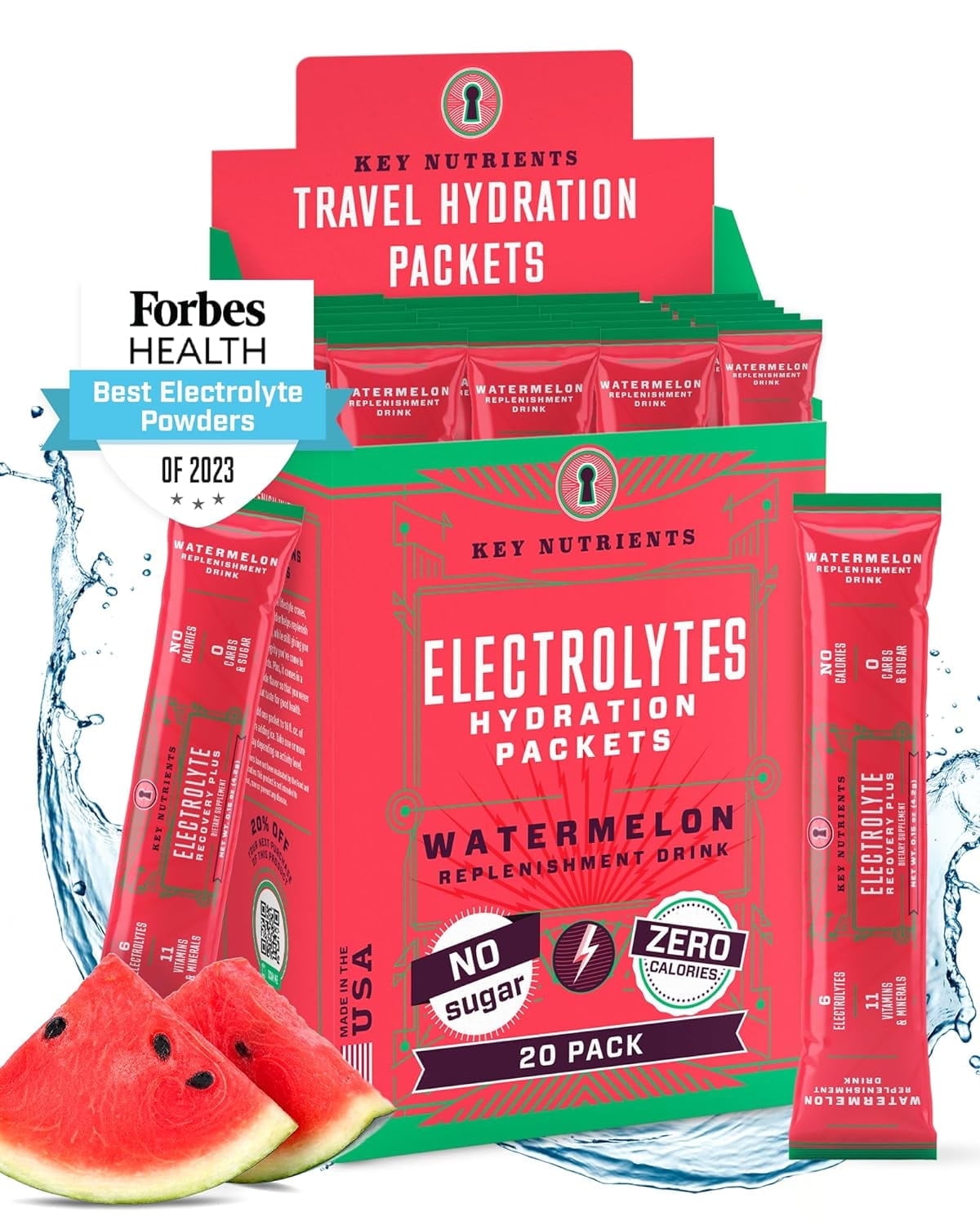 Key Nutrients - Electrolytes Powder - Electrolyte Drink Mix -Hydration Powder - Watermelon, 20 Travel Packets