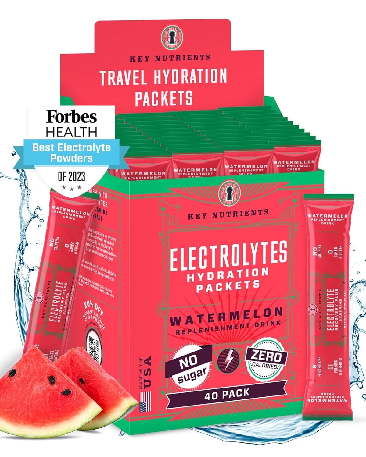 Key Nutrients - Electrolytes Powder - Electrolyte Drink Mix -Hydration Powder - Watermelon, 40 Travel Packets