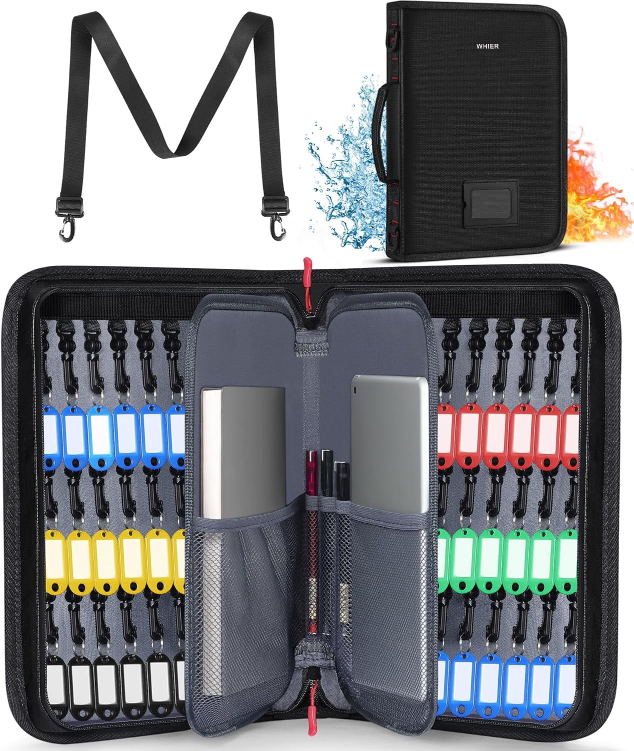Key Organizer Case, Fireproof & Waterproof Key Bag with 54 Key Tags, Portable Key Storage Box for Estate Sales, Hotels, Office, Property Management, Handle & Shoulder Strap Included