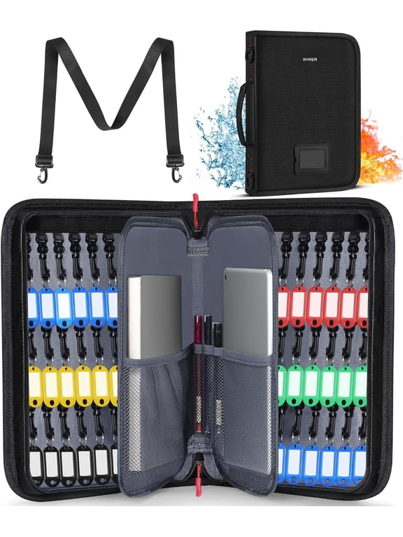 Key Organizer Case, Fireproof & Waterproof Key Bag with 54 Key Tags, Portable Key Storage Box for Estate Sales, Hotels, Office, Property Management, Handle & Shoulder Strap Included