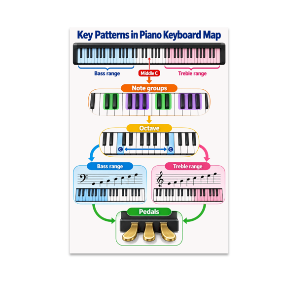Key Patterns in Piano Keyboard Map - Music Teacher - 13x19 Poster Print