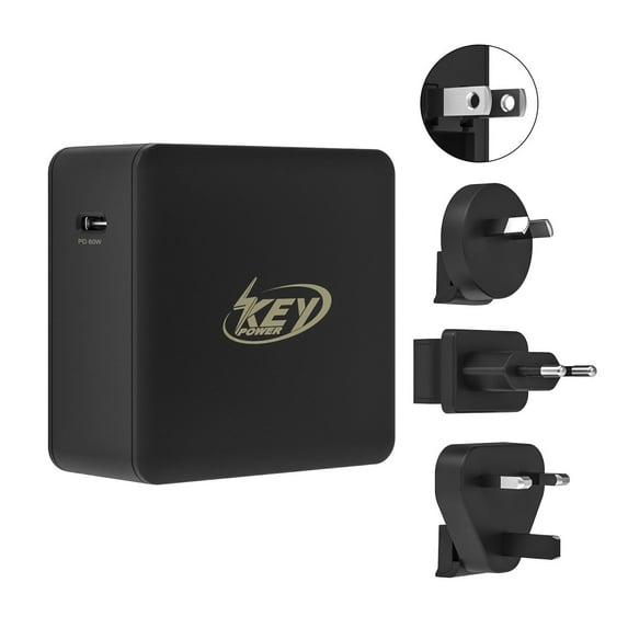 Key Power 60W USB C Travel Adapter, Type C Foldable Wall Charger for Laptop Tablet Smartphone, MacBook Dell XPS Chromebook Pixel MateBook iPad iPhone Nintendo Switch etc. (Include AU/ EU/ UK Plugs)
