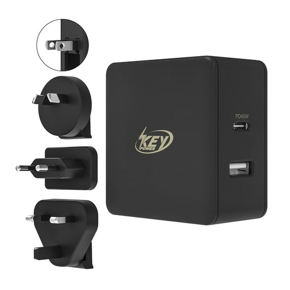 Key Power Type C Foldable Wall Charger, Travel Power Adapter Universal 45W USB-C 12W USB-A Ports Quick Charging (Include AU/ EU/ UK Plugs)